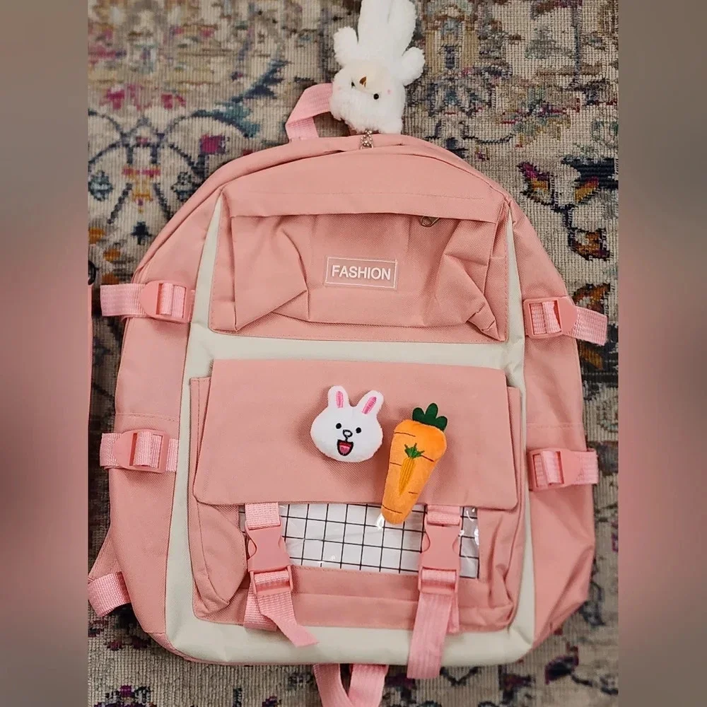 Pink Kawaii Backpack Pin Decor Multi Pocket School Bag OS